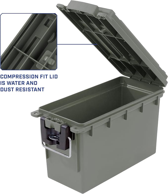 Sheffield 12626 Ammo Storage Box, Stackable .30 Cal Field Boxes, Water and Dust Resistant, Lockable Storage Box with Handle, Secures Hunting Gear, Supplies, and Bullets, Made in USA, Green, 1-Pack | Lockable Storage Box, Water and Dust Resistant Dry Bo...