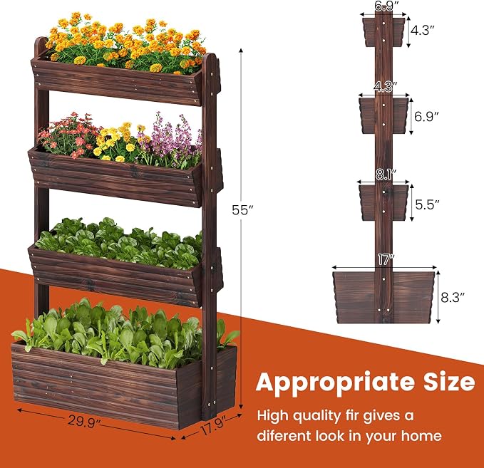 GHWIE Wooden Garden Planter Box, Raised Bed with Vertical Plant Rack, Indoor Outdoor Flower Herb Vegetable Stand (Carbonized, 4 Tier)