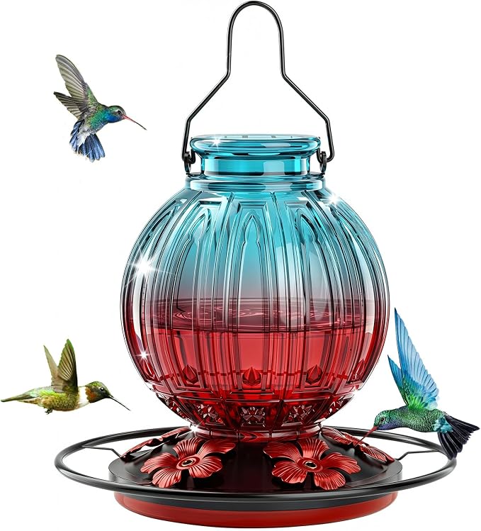 Glass Hummingbird Feeder for Outdoors Hanging, 26Oz Bird Nectar Feeder with Perch & 5 Flower Feeding Ports, Leak Proof for Outside Garden Decor Backyard, Gifts for Women Mom, Blue & Red