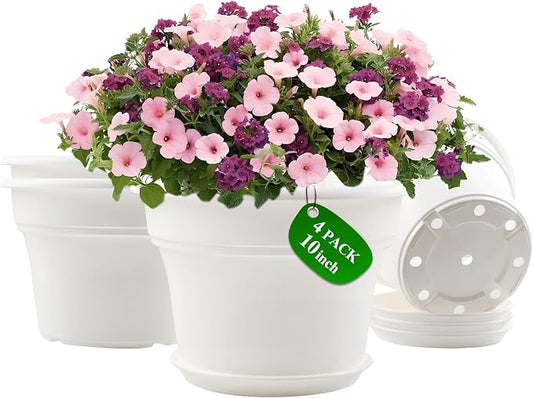 Pottiffe 10 Inch Plastic-Flower-Pot-for-Indoor-Plants, 4 Pack Large Outdoor Planter Pot with Drainage Holes & Saucers, Resin Decorative Garden Pots Planters