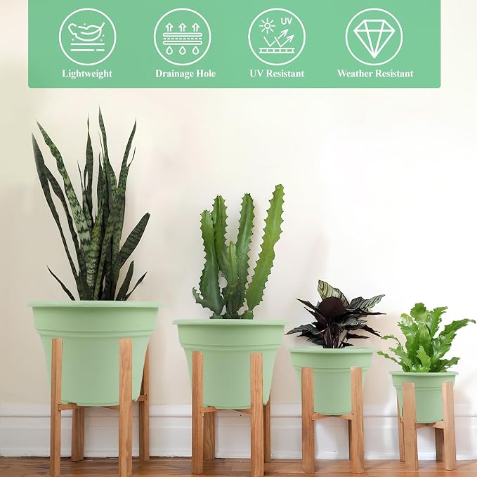 Pottiffe 16 inch Plastic-Flower-Pot-for-Indoor-Plants, 4 Pack Large Outdoor Planter Pot with Drainage Holes & Saucers, Resin Decorative Garden Pots Planters