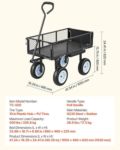 VEVOR 500 LBS Steel Garden Cart with Work Seat, Heavy Duty Garden Wagon Cart on Wheels, Outdoor Metal Utility Yard Wagon Gardening Stool with 10inch Flat Free Tires, Tool Tray & Adjustable Handle