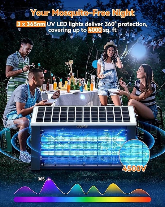 20W Solar Bug Zapper Outdoor, LANGY Upgrade 3-Tube 365nm Solar Mosquito Zapper Outdoor Waterproof, 4500V Electric Cordless Fly Insect Zapper Mosquitos Trap Auto On/Off w 10Ah Battery for Patio Camping
