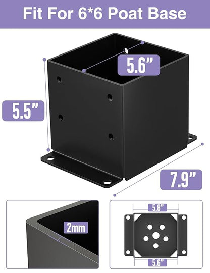 2 PCS Metal 6×6 Post Base, Inner Size 5.6"x5.6" | Heavy Duty Post Bracket, Anti-Corrosive Partition, Powder-Coated, For Pavilion Deck Railing Support