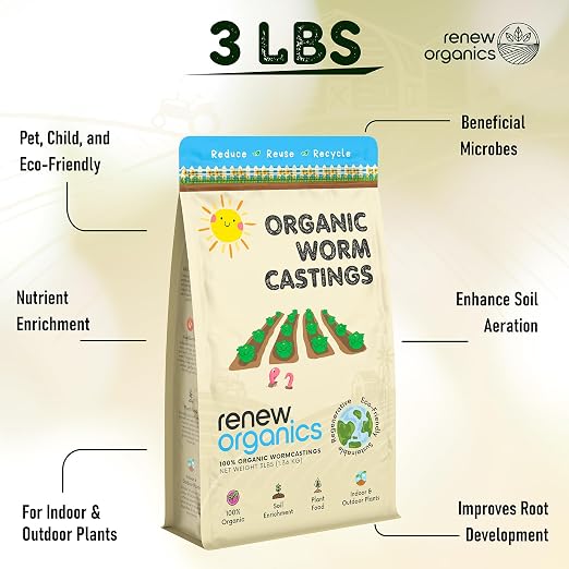 100% Organic Worm Castings (3lbs) - Earthworm Fertilizer & Soil Amendment for Indoor Outdoor Plants Gardens Vegetables - Odorless Non-Burning Pet Safe