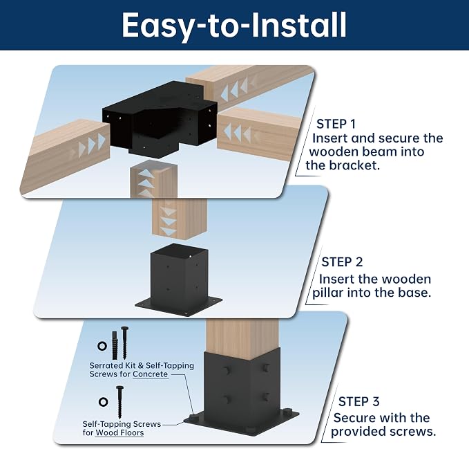 Pergola Bracket Kit 4x4, 2pcs 4-Way Heavy Duty Corner Bracket and 2pcs Base, Used to Connect Extended Pavilion Wooden Beams, for Gazebo, Patio Pergolas, Log Cabin Outdoor, Wood Stand Sheds