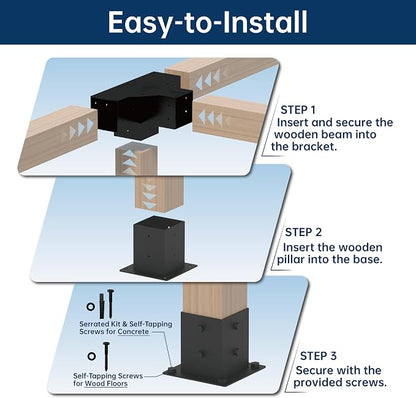 Pergola Bracket Kit 4x4, 2pcs 4-Way Heavy Duty Corner Bracket and 2pcs Base, Used to Connect Extended Pavilion Wooden Beams, for Gazebo, Patio Pergolas, Log Cabin Outdoor, Wood Stand Sheds