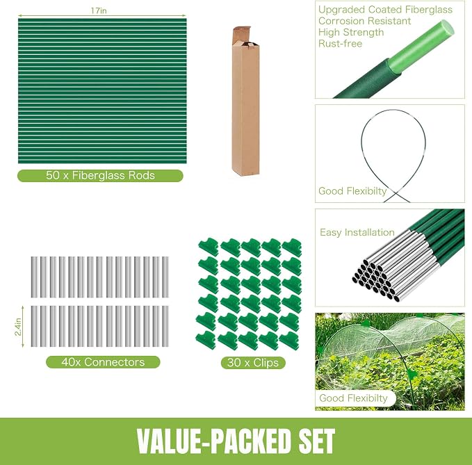 50 Pack Garden Hoops for Raised Beds, 10 Sets Fiberglass with PVC | Durable, Rust-proof, DIY greenhouse tunnel, For row cover, Bird netting, Plant frost protection, Extends growing season