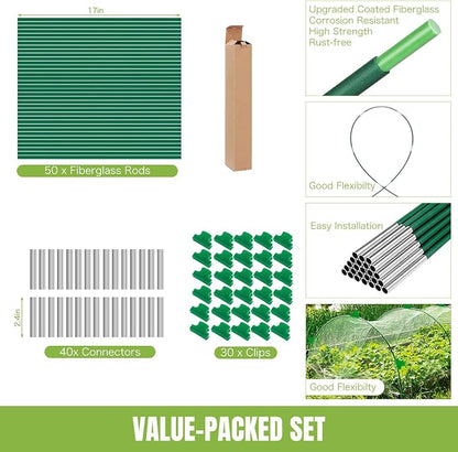 50 Pack Garden Hoops for Raised Beds, 10 Sets Fiberglass with PVC | Durable, Rust-proof, DIY greenhouse tunnel, For row cover, Bird netting, Plant frost protection, Extends growing season