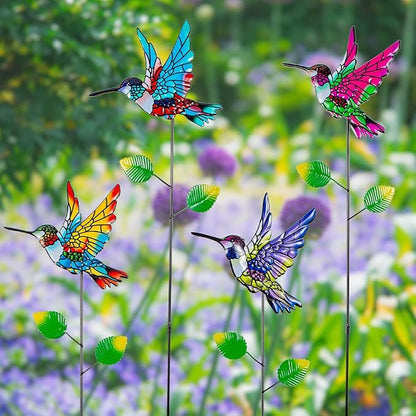 Decorative Garden Stakes,4 Pack Hummingbird Garden Decor for Outside,Metal Yard Art Spring Decor for Outdoor Porch Lawn Pathway