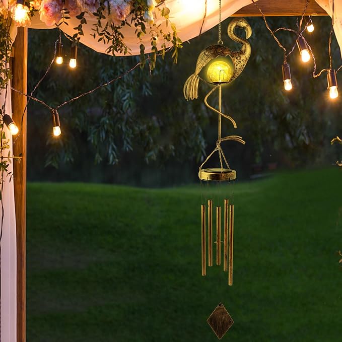 Flamingo Solar Wind Chimes for Outside Gifts for Women Mom Grandma Sister Crackle Glass Ball Flamingo Wind Chimes Solar Lights Outdoor Decor for Garden Backyard Patio Yard Porch, Birthday Gifts