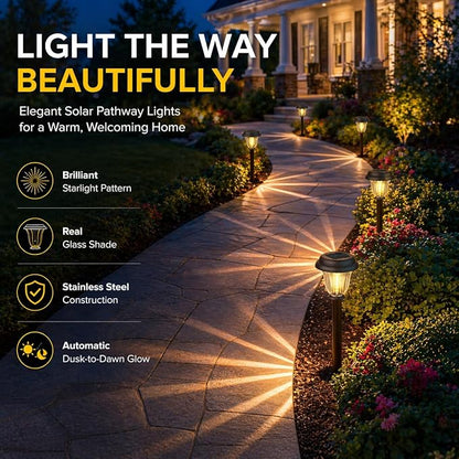 Solar Lights Outdoor, 6 Pack Metal Solar Pathway Lights, Heavy Duty Stainless Steel & Glass, Auto On/Off Waterproof Garden Lights for Driveway Landscape Walkway Yard Outdoor Decor (Warm White)