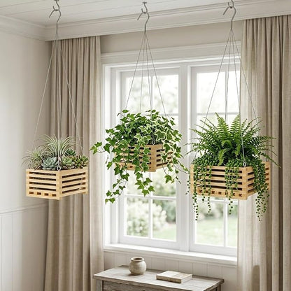 Wooden Orchid Baskets with Hangers for Ferns & Vandas, 6", 8" & 10" Square Wood Hanging Planter Set for Patio, Balcony Decor, Garden Flower Pots for Indoor Outdoor Plants, 3 Pack