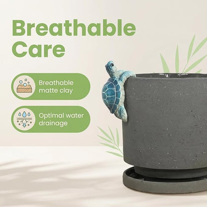 Nihow Ceramic Plant Pot with Cute Resin Figure for Idoor Plants, 5.75 Inch | Drainage Hole and Saucer, Indoor Use, Home Garden Patio Office