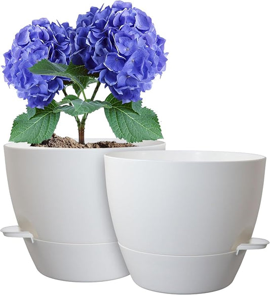 WSMKSZ 10 inch Self Watering Pots, 2 Pack Plastic Planters with Mesh Drainage Holes for Garden Plants and Flower, Plants Pots with Deep Reservoir for Indoor Outdoor Plants, White