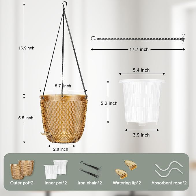 QCQHDU Hanging Planters for Indoor Plants, 2-Pack, 5.7 Inch, Gold | Plastic, Self Watering Plant Hanger, with Drainage Holes, 3 Hooks Chains, For Garden Home
