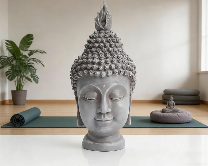 Buddha Head Statue Zen Meditation Decoration, 11 inch Resin Stone Gray Buddha Head Statue for Buddhist Spiritual Altar Decoration Buddhism Gifts