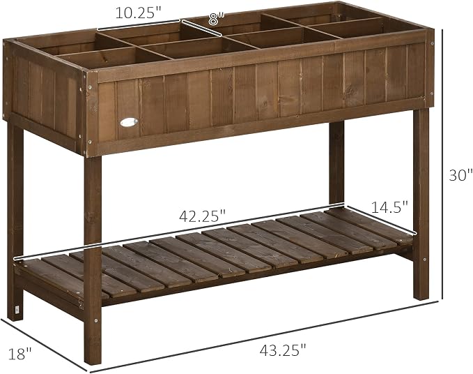 Outsunny 43x18x30in Raised Garden Bed with 8 Pockets and Shelf, Wooden Elevated Planter Box with Legs to Grow Herbs, Vegetables, and Flowers, Dark Brown