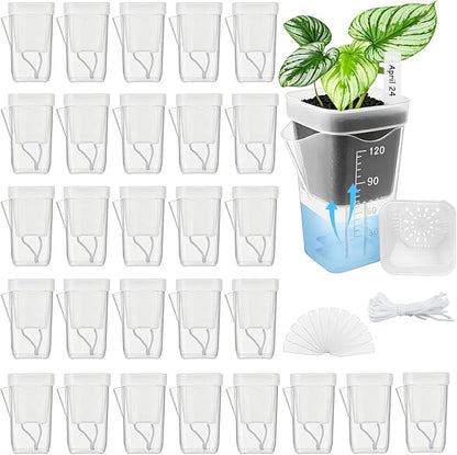 30 Pack 2.5" Small Self Watering Pots for Indoor Plants with 30 Plant Label Mini Clear Plastic Planters with Water Level and Drainage Holes for Propagation, Succulents, and African Violet