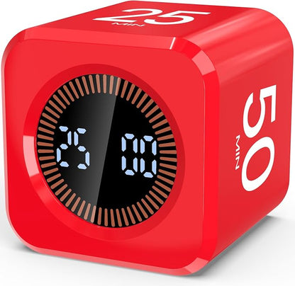 Digital Pomodoro Timer Cube 5/10/25/50min, Visual Productivity Flip Timer for Kids Classroom Desk, Custom Countdown, Silent and Sound Mode for ADHD Study Work Game Kitchen (Red)