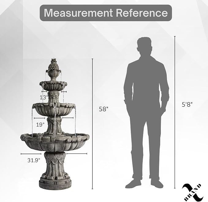 XBrand Large Outdoor Electric Bird Bath Fountain 58.3", 3-Tier Garden Water Fountain with Pump, Classic Leaf Design, Gray Resin Floor Fountain for Yard, Lawn, Patio & Porch