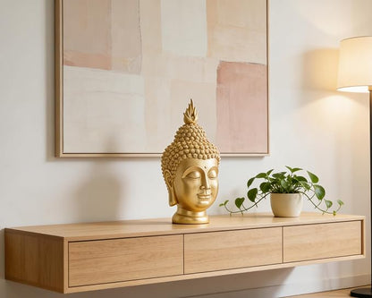 Buddha Head Statue (Gold), Ideal for Zen Space, Spiritual Decor, Buddhism Religious Room Decoration