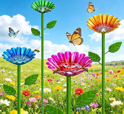 4 Pack Metal Flower Bee Bath for Garden, Bee Watering Station, Attract Butterflies & Pollinators, Colorful Outdoor Garden Stakes for Yard, Patio (4 Colors)