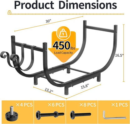 PROWORX Curved Firewood Rack Outdoor Indoor, Black 30 Inch Rustproof Fire Wood Storage Organizer, Metal Fireplace Log Holder with Removable Kindling Hooks