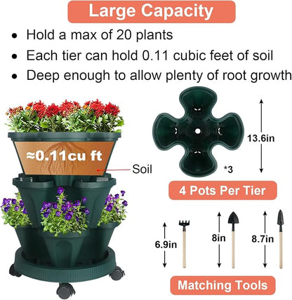 GameXcel Vertical Planter Tower - 3 Tier Stackable Garden Planters with Wheels and Tools Plant Pots for Strawberry Herb Flower and Vegetable Indoor Outdoor Use Green