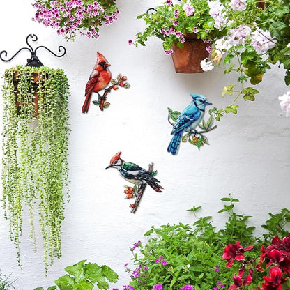 3 Pack Metal Birds Wall Art Garden Decor, Cardinal Outdoor Wall Art Yard Patio Fence Decoration, 3D Colorful Birds Wall Hanging Sculpture Gift for Garden Outside Livingroom
