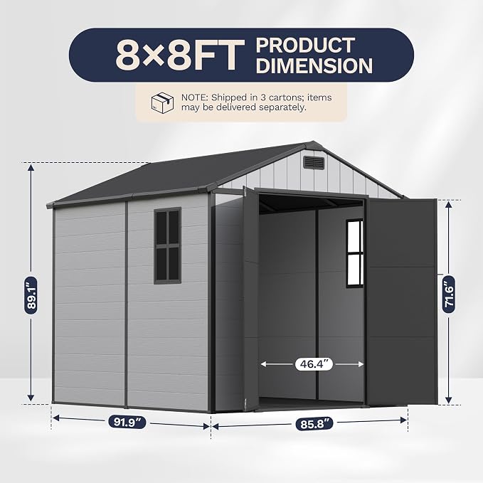 Greesum 8x8FT Resin Shed with Floor, All-Weather Resistance, Light Gray | All-Weather Protection (Rain/Snow/UV) | Sloped Leak-Proof Roof | Heavy-Duty Reinforced Base | Lockable & Well-Ventilated