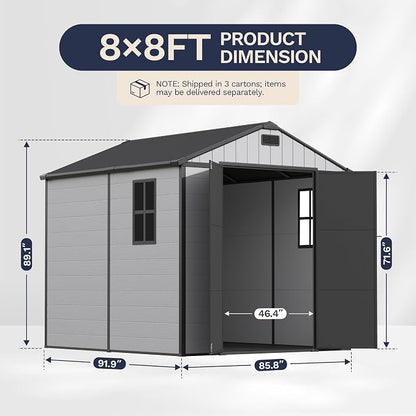 Greesum 8x8FT Resin Shed with Floor, All-Weather Resistance, Light Gray | All-Weather Protection (Rain/Snow/UV) | Sloped Leak-Proof Roof | Heavy-Duty Reinforced Base | Lockable & Well-Ventilated