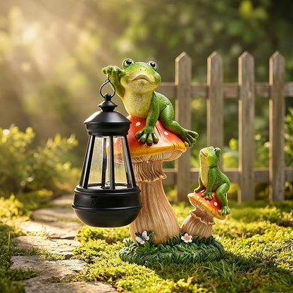 Garden Frogs Statue, Large Funny Frogs Figurine Climbing on Mushroom and Holding a Solar LED Lantern Resin Ornament for Patio Yard Lawn Porch Outdoor Decor, Women/Gardening Decoration Gifts