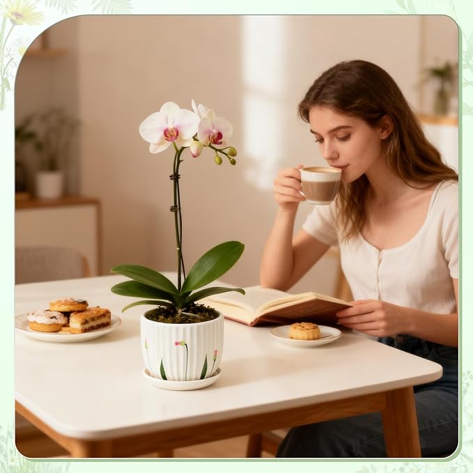 4 Pack Ceramic Orchid Pots with Drainage Holes and Tray 3.35+4.33+5.51+6.61 Inch Ceramic Plant Pot White Garden Planter for Indoor Outdoor Home Decor Gifts for Plant Lovers