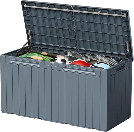 110 Gallon Deck Box Outdoor Indoor Waterproof Storage Box for Patio Furniture, Pool Accessories, Garden Tools, and Cushion Storage, Gray