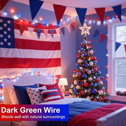 Red White and Blue Lights, 66FT 200 LED 4th of July String Lights Outdoor, Waterproof 8 Modes Connectable Plug In Patriotic Decorations Light for Indoor Independence Memorial Day Party Holiday