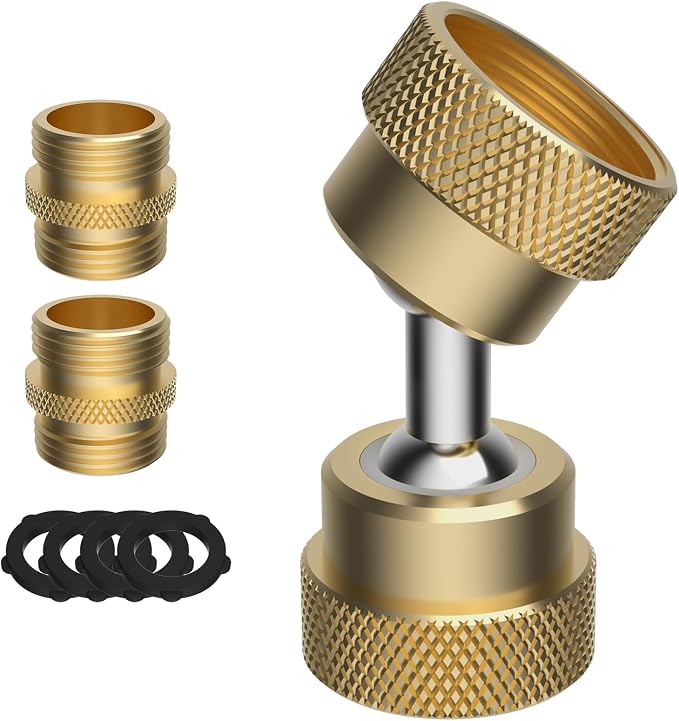 Swivel All-Metal Garden Hose Adapter, 3/4" Hose Protector, 2 Brass Adapters | Brass Pipe Kink Protection, 3/4" Male Connectors, Outdoor Faucet to Garden Hose, Dual Female Big Angle Rotation at Both Ends