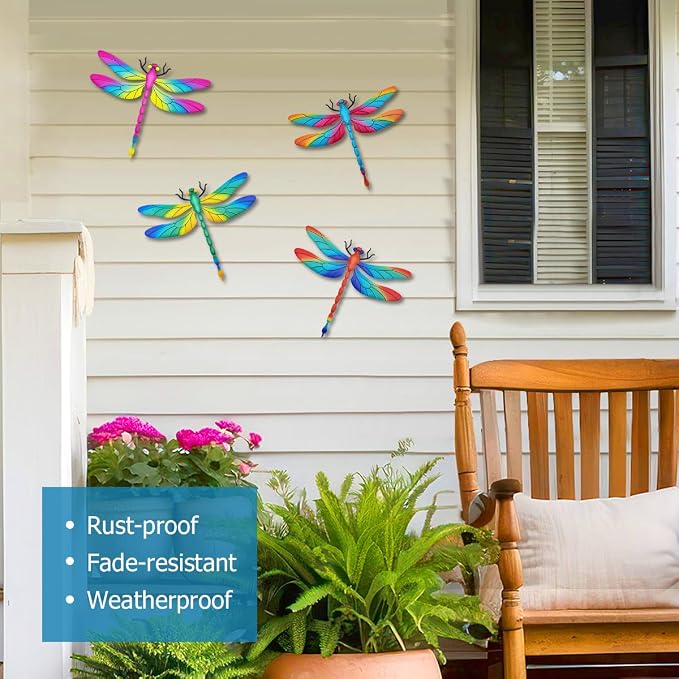 Large Metal Dragonfly Wall Decor, 4 Pack 13 inch Metal Dragonflies Wall Art Hanging Sculpture Decorations for Outdoor, Yard Patio Fence Garden Outside Decor