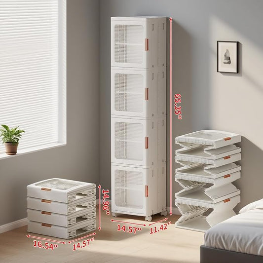 4-Tier Tall Narrow Bathroom Storage Cabinet for Small Space,White | Quick Assembly,Foldable,Plastic Organizers,Magnetic Doors,Adjustable Shelves,Slim Storage Cabinet,Wheels