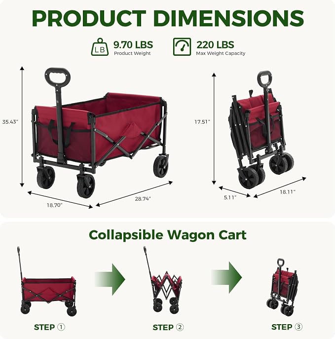 DUMOS Collapsible Wagon Cart, Heavy Duty Foldable Utility Wagon with Wheels – 220 lbs Capacity, Flexible Handle for Beach, Garden, Sports, Grocery & Camping, Red