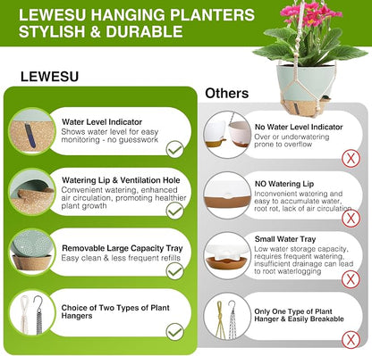 LEWESU Set of 2 Hanging Planters for Indoor Plants with Self Watering Includes Hanging Pots and 2 Types Plant Hangers, Outdoor Hanging Baskets Holder for Home Garden, 10 Inch Sage Green