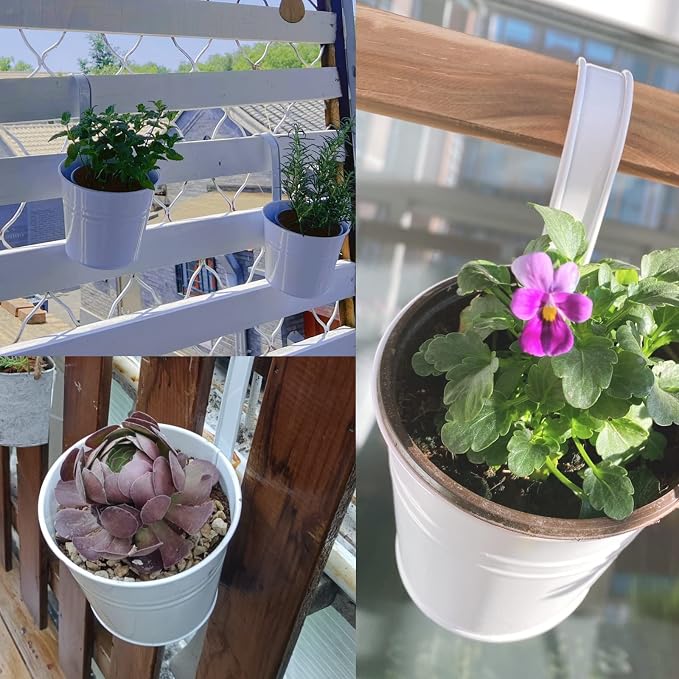 KINGLAKE Flower Pots,10 Pcs Metal Iron Hanging Flower Plant Pot Balcony Garden Plant Planter Baskets Fence Bucket Pots 6.3'' Flower Holders with Detachable Hook White