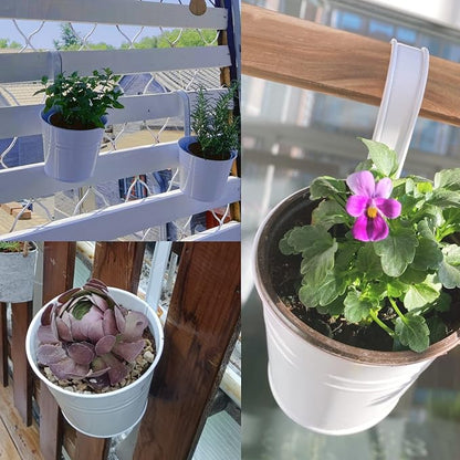 KINGLAKE Flower Pots,10 Pcs Metal Iron Hanging Flower Plant Pot Balcony Garden Plant Planter Baskets Fence Bucket Pots 6.3'' Flower Holders with Detachable Hook White
