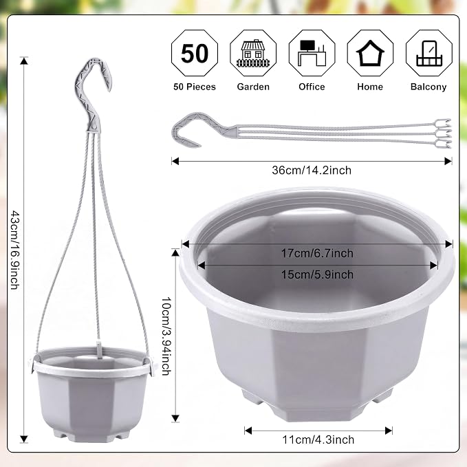 Roshtia 50 Pcs 6.7 Inch Plastic Hanging Plant Pots with Hooks Flower Pots Baskets Outdoor Hanging Nursery Planter Holder for Home Garden Balcony Porch(Gray White)
