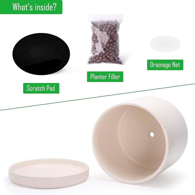 D'vine Dev 14 Inch Ceramic Planter Pot, Oatmeal, 94-O-G-8 | Modern Cylinder Design, Drainage Hole & Saucer Included, Stable Structure, Elegant Home Accent