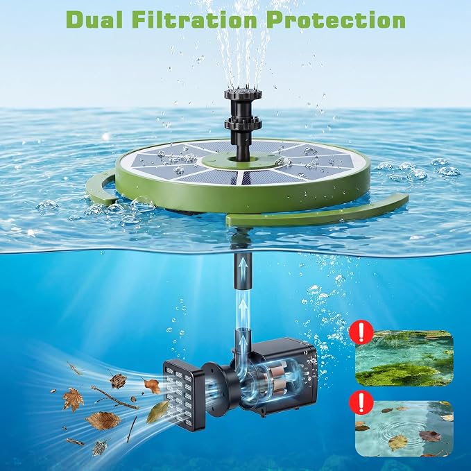 AISITIN 3.5W Solar Bird Bath Fountain Built-in 1500mAh Battery, Solar Water Pump with 8 Nozzles, Solar Powered Fountain Pump for Garden Birdbath Pool Fish Tank Pond and Outdoor (Dark Green)