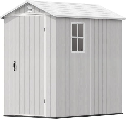 Devoko 4×6 FT Resin Storage Sheds with Floor, Plastic Outdoor Tool Shed with Windows, Waterproof Outside Sheds and Lockable Doors for Backyard Lawn Garden, Light Gray