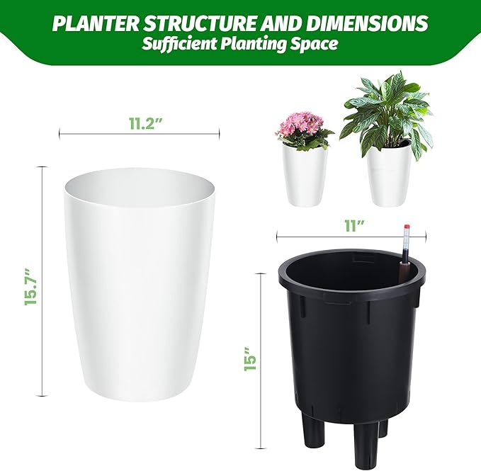 Garvee Tall Planters for Outdoor Plants, 16 in Large Planters Set of 2, Outdoor & Indoor Planters with Water Level Monitor ＆ Inner Bucket, Automatic Watering, for Porch, Patio, Backyard, White