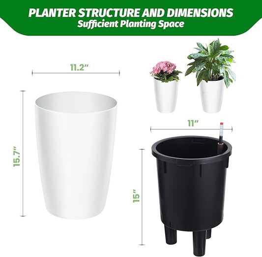 Garvee Tall Planters for Outdoor Plants, 16 in Large Planters Set of 2, Outdoor & Indoor Planters with Water Level Monitor ＆ Inner Bucket, Automatic Watering, for Porch, Patio, Backyard, White