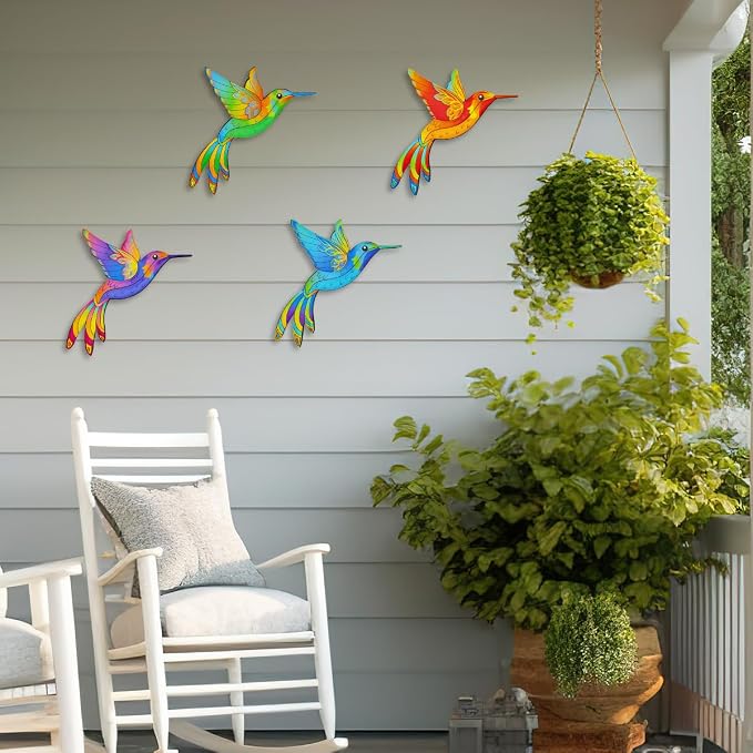 Metal Hummingbird Wall Decor,Outdoor Fence Birds Art Decoration,Hanging Decorations for Garden,Yard,Patio Balcony (4 Pack)